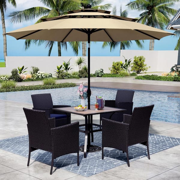 PHI VILLA Black 6-Piece Metal Patio Outdoor Dining Set with Wood-Look Square Table, Umbrella and Rattan Chairs with Blue Cushion