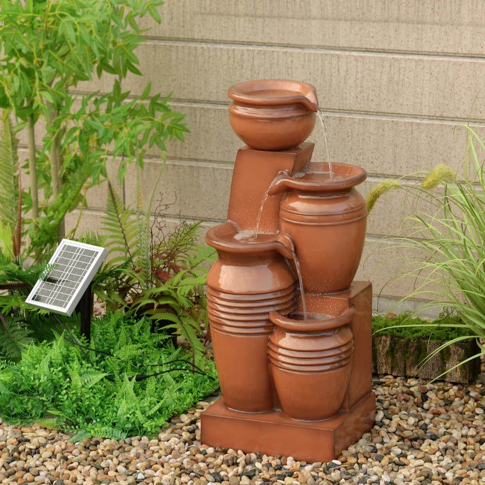 Terracotta Solar Powered 4-Tier Cascading Bowl Outdoor Fountain