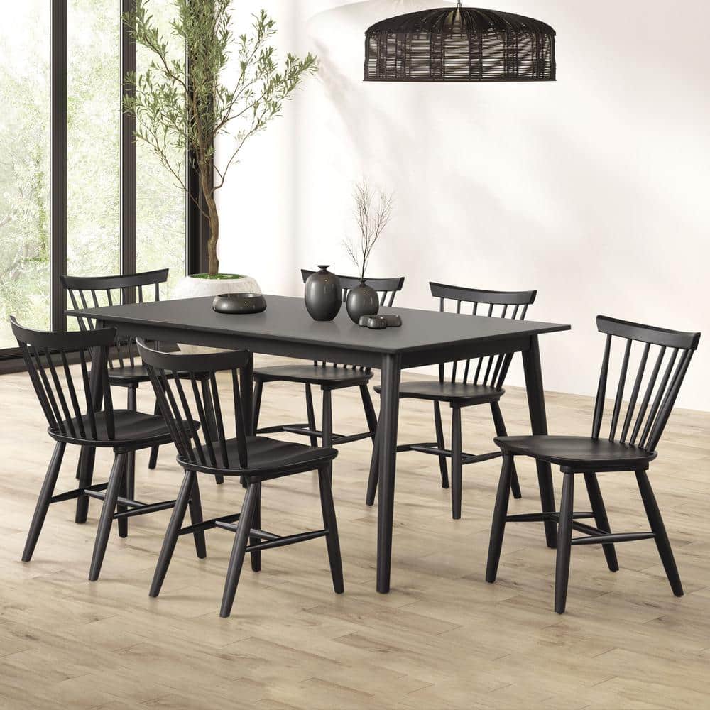 Everoa 7-Piece Rectangular Black Oak Wood Top Dining Table Set (Seats 6) -  Furniture of America, IDF-N3100BKT7PC