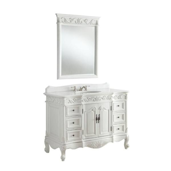 Beckham 42 in. W x 22 in. D x 36 in. H Bathroom Vanity in Antique White with Single Sink White Marble Top and Mirror