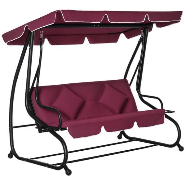 3-Person Metal Patio Swing with Red Cushions, Canopy