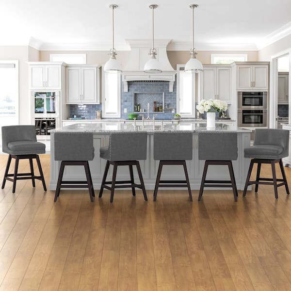 cozyman Zorro 27 in.Dark Gray Faux Leather Upholstered Swivel Counter Stool Wood Frame Double Cushion Swivel Bar Stool Set of 6