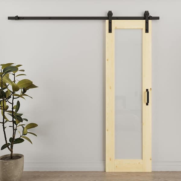 24 in. W. x 80 in. 1 Lite Tempered Frosted Glass Unfinished Solid Core Pine Wood Sliding Barn Door with Hardware Kit
