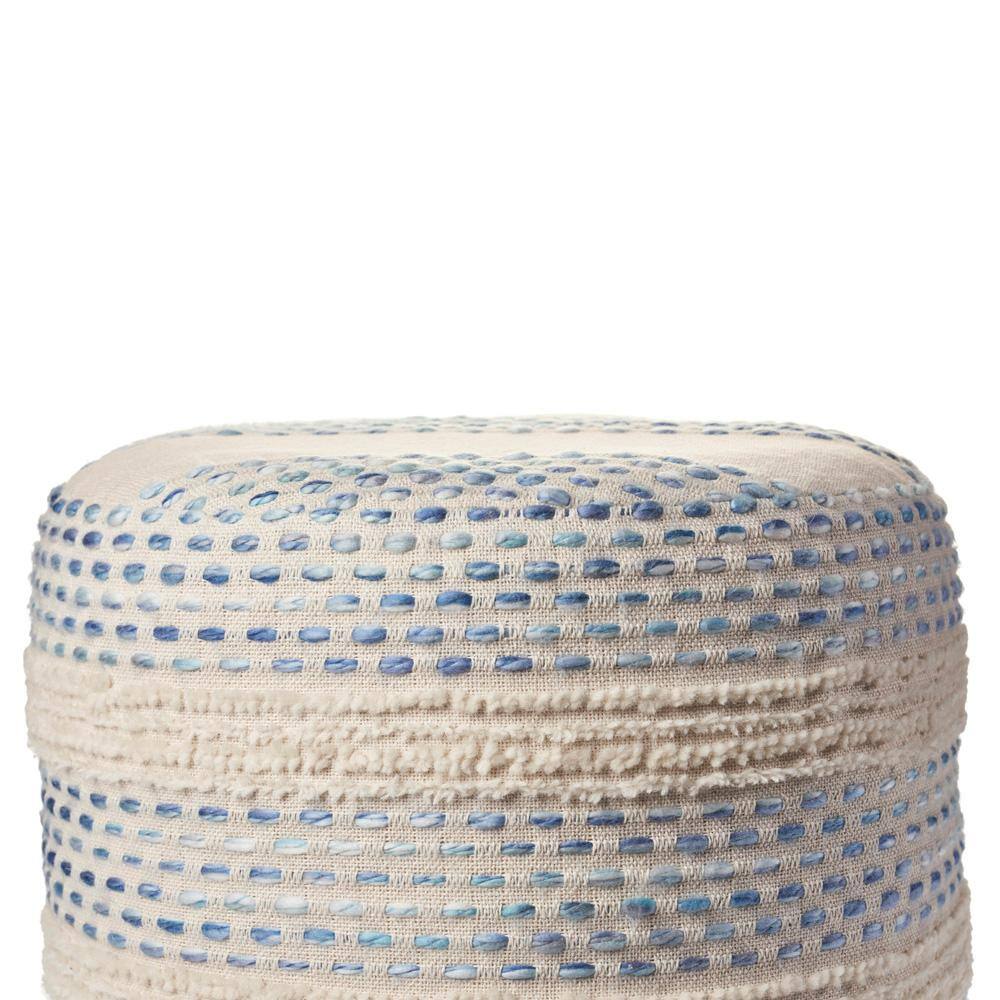 Blue and Cream Tufted Round Cotton Blend Pouf