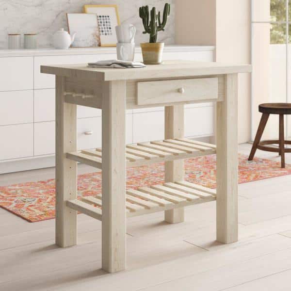 Natural Unfinished Parawood Kitchen Island with Drawer and Shelves