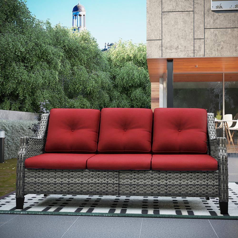 Red Wicker and Metal Outdoor Patio Sofa with Curved Armrests