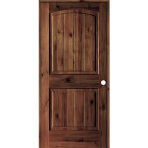 28 in. x 80 in. Knotty Alder 2 Panel Left-Hand Arch V-Groove Red Mahogany Stain Solid Wood Single Prehung Interior Door