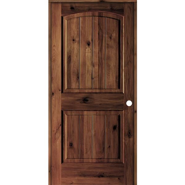 28 in. x 80 in. Knotty Alder 2 Panel Left-Hand Arch V-Groove Red Mahogany Stain Solid Wood Single Prehung Interior Door