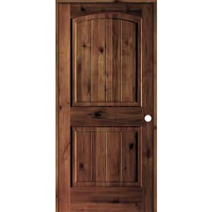30 in. x 80 in. Knotty Alder 2 Panel Left-Hand Arch V-Groove Red Mahogany Stain Solid Wood Single Prehung Interior Door