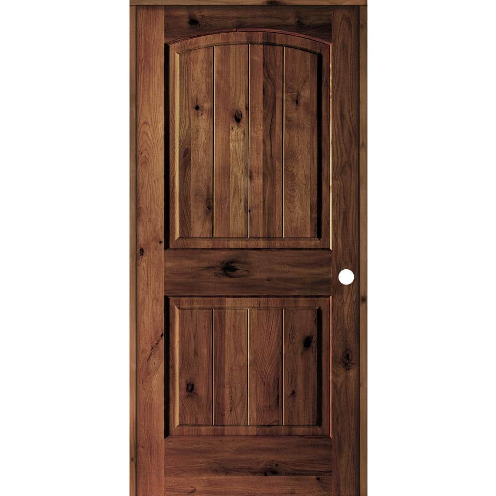 36 in. x 80 in. Knotty Alder 2 Panel Left-Hand Arch V-Groove Red Mahogany S