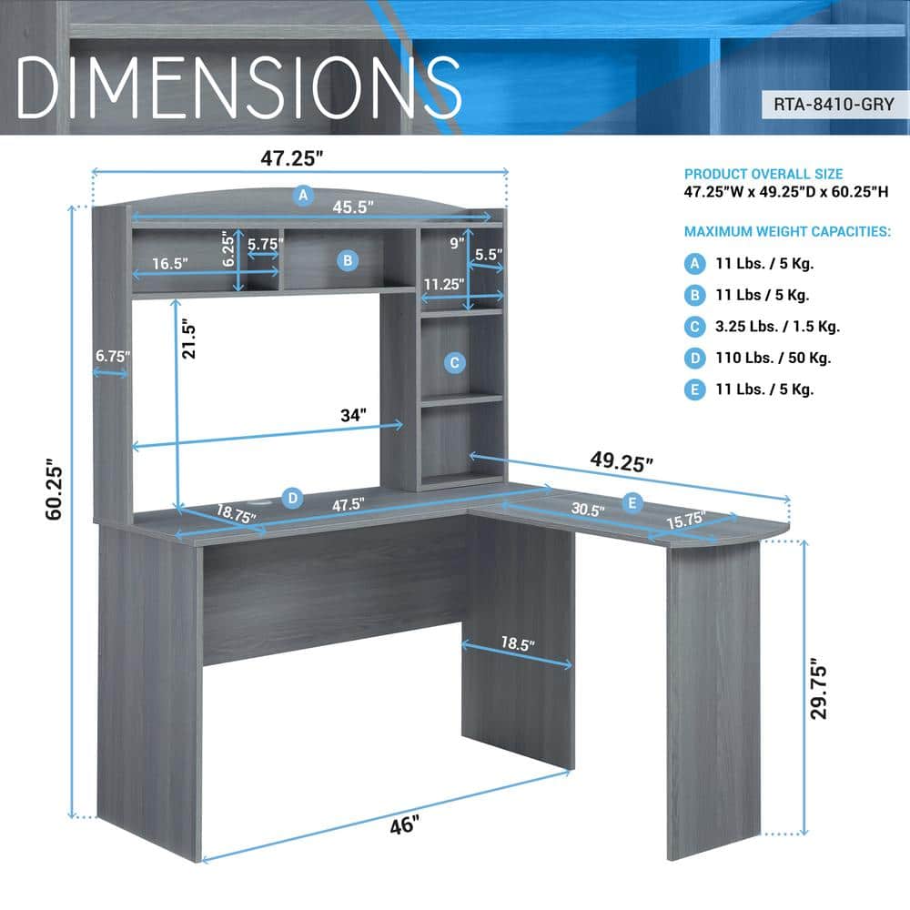 Modern Gray L-Shaped Desk with Hutch and Storage