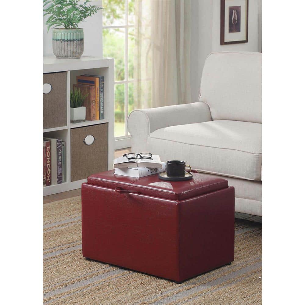 Burgundy Faux Leather 23" Modern Storage Ottoman with Tray
