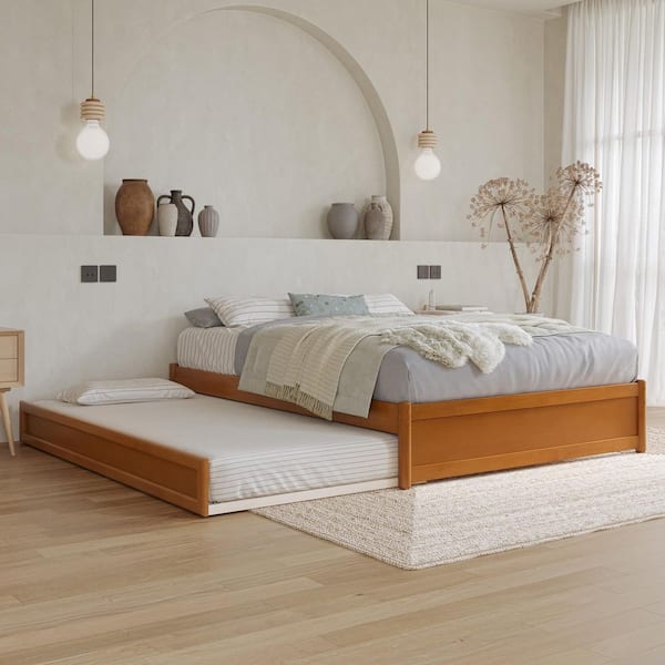 Barcelona Light Toffee Natural Bronze Solid Wood Frame Full Panel Platform Bed with Twin Trundle
