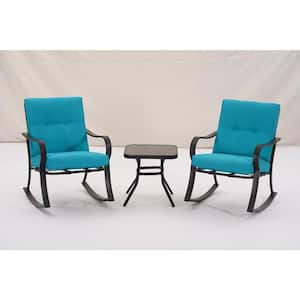 Black 3-Piece Patio Metal Outdoor Rocking Chair Set with Light Blue Cushions