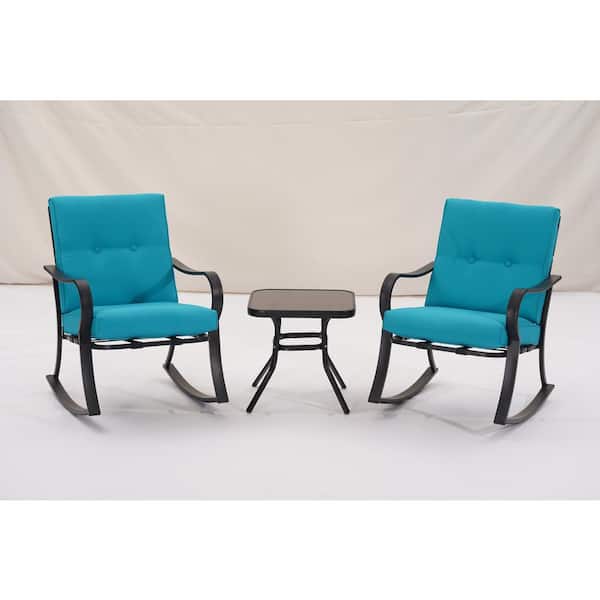 Unbranded Black 3-Piece Patio Metal Outdoor Rocking Chair Set with Light Blue Cushions