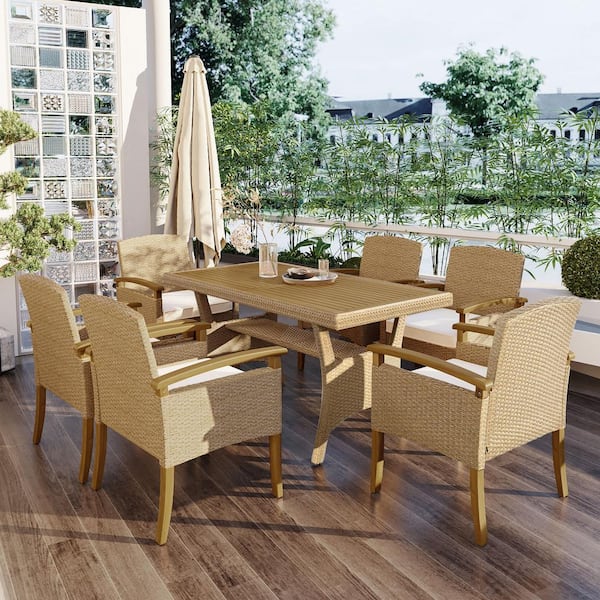 Unbranded Brown Patio 7-Piece Wicker Outdoor Dining Table Set with Wood Tabletop and White Cushions