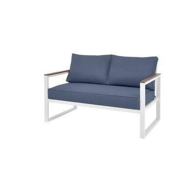 West Park White Aluminum Outdoor Patio Loveseat with CushionGuard Sky Blue Cushions