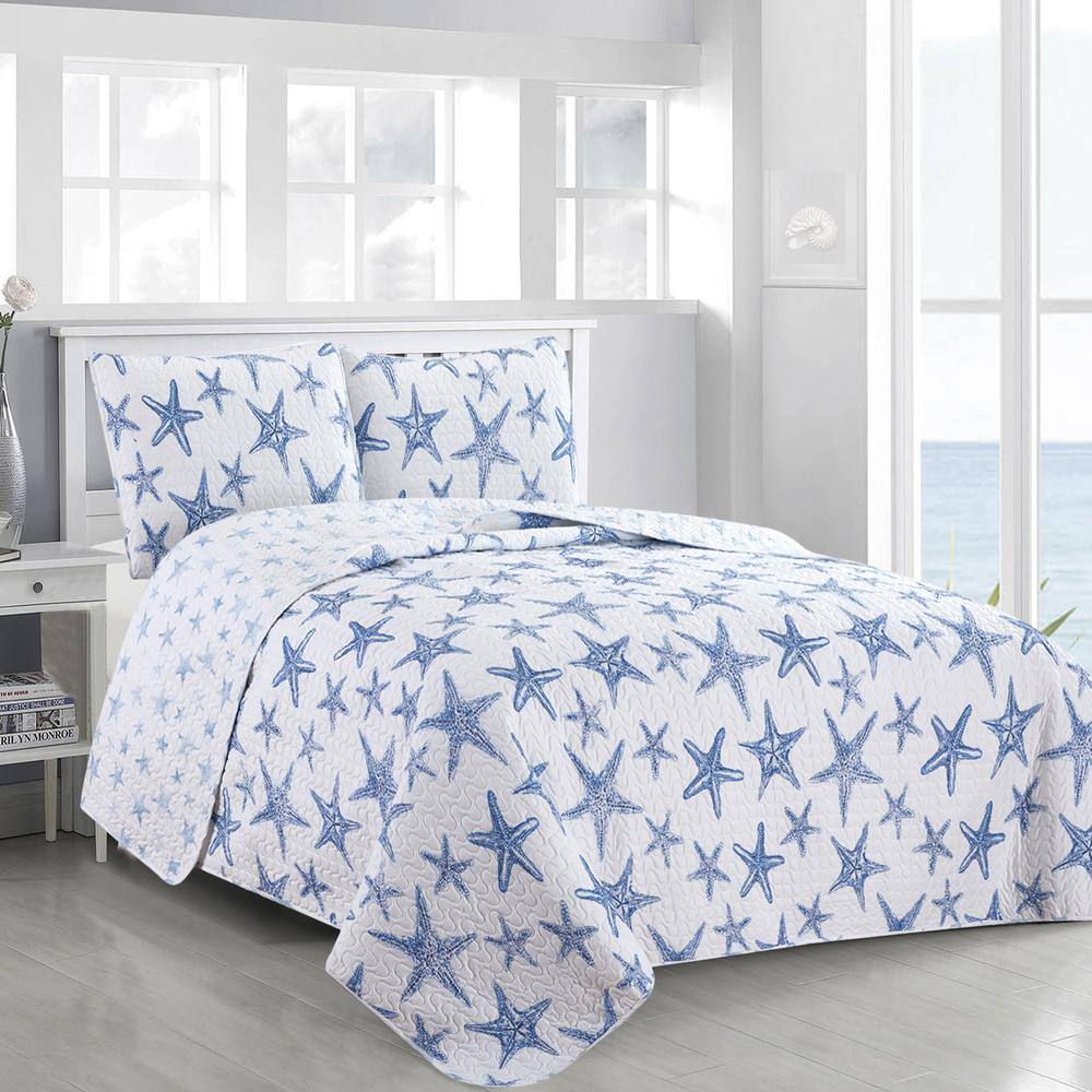 Blue Full/Queen Starfish Coastal Reversible 3-Piece Microfiber Quilt Set Bedspread price history on PriceWatchPro
