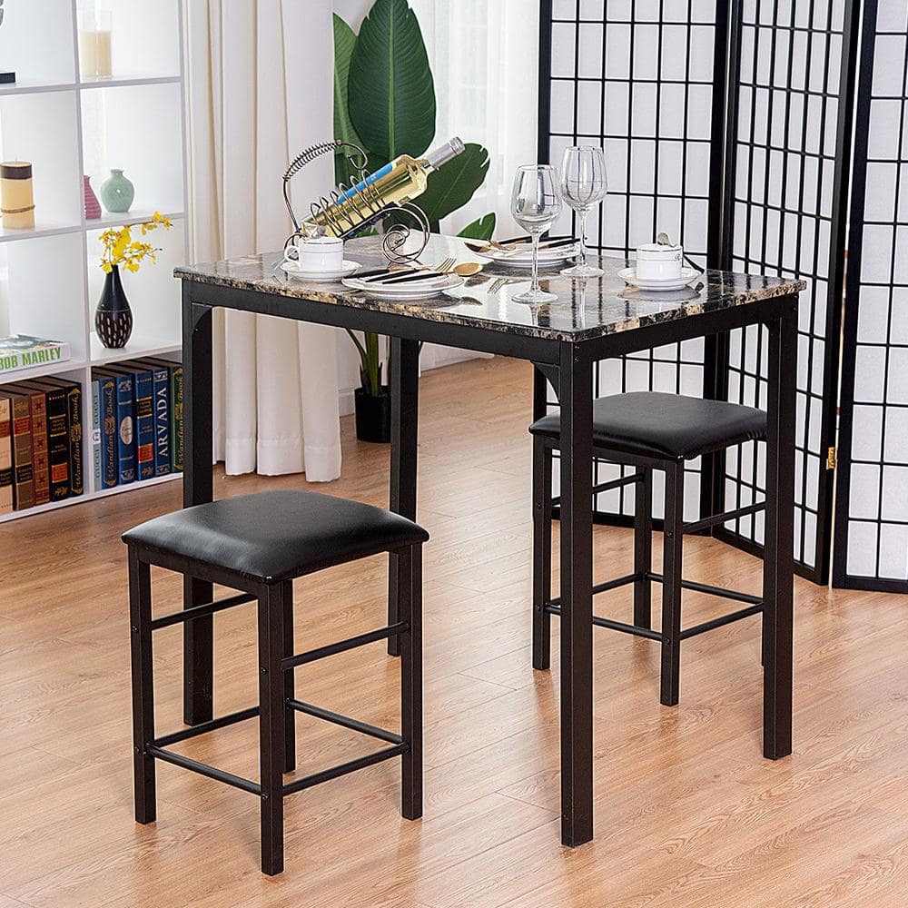 Costway 3-Piece Dark Faux Marble Pub Table Set with Black Chairs