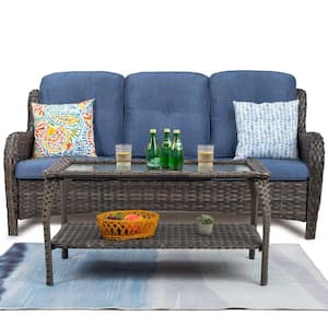 2-Piece Rattan Wicker Outdoor Patio Conversation Sectional Sofa with Blue Cushions and Coffee Table