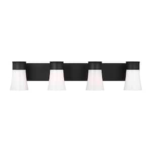 Roy 32.25 in. 4-Light Midnight Black Extra Large Vanity Light with Milk Glass Shades