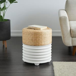 18 in. White Handmade Wooden Woven 2-Toned Stool with Seagrass Top