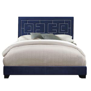 Blue Wooden Frame King Platform Bed with Geometric Pattern Nailhead Trims