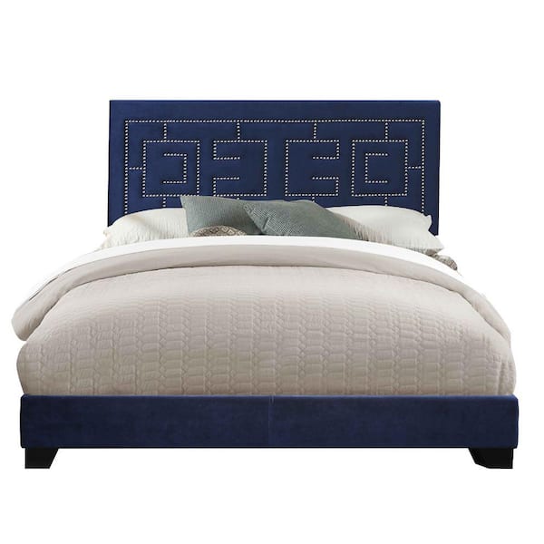Benjara Blue Wooden Frame King Platform Bed with Geometric Pattern Nailhead Trims