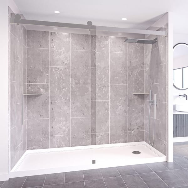 NuVo Platinum Grey-Tetherow 60 in. x 36 in. x 83 in. Base/Wall/Door Rectangular Alcove Shower Stall/Kit Chrome Center