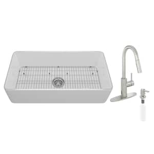 White Fireclay 36 in. Single Bowl Farmhouse Apron Kitchen Sink with Pull Down Kitchen Faucets and Accessories