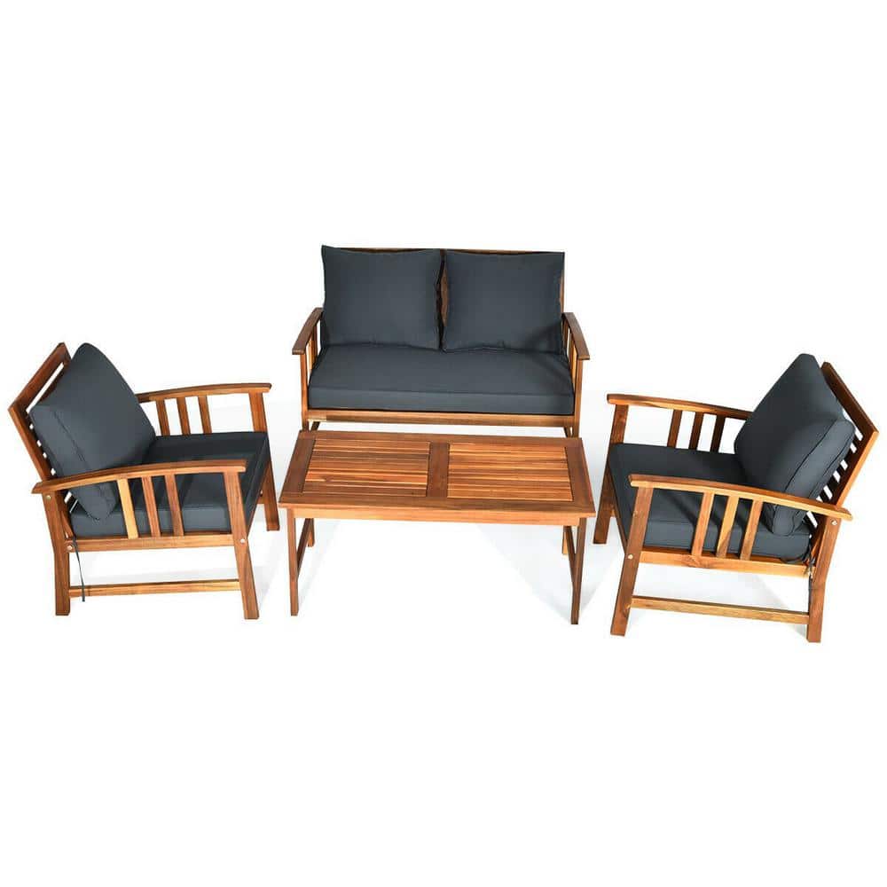 ANGELES HOME Teak 4-Piece Acacia Wood Outdoor Sofa Patio Conversation Set with Gray Cushions - 1