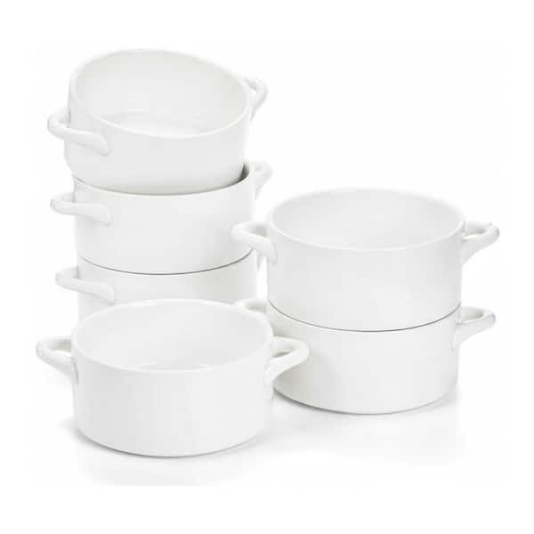 6-Pack White Porcelain Soup Bowls with Handles Oven Safe Stackable Crocks for Soup Stew Cereal Pot Pie Set