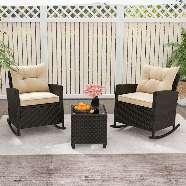 3-Piece Wicker Patio Conversation Set Rattan Rocker Chairs with Beige Cushions