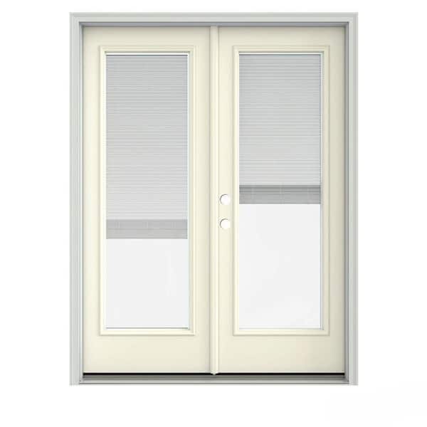 JELD-WEN 60 in. x 80 in. Vanilla Painted Steel Right-Hand Inswing Full Lite Glass Stationary/Active Patio Door w/Blinds