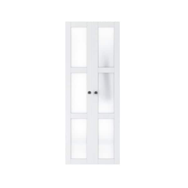ARK DESIGN 30 in. x 80.5 in. 3-Lite Tempered Frosted Glass Solid Core White Prefinished Composite Pivot Bifold Door with Hardware