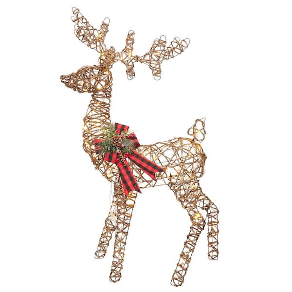 49 in. Tall Rattan Standing Reindeer with Bow Indoor/Outdoor Holiday Christmas Decoration with LED Lights