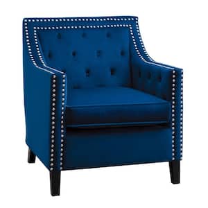 Navy Blue and Black Velvet Armchair with Button Tufted and Nailhead Trim
