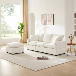 84 in. Square Arm Chenille Fabric Modular Freely Combinable Sofa With Ottoman in White