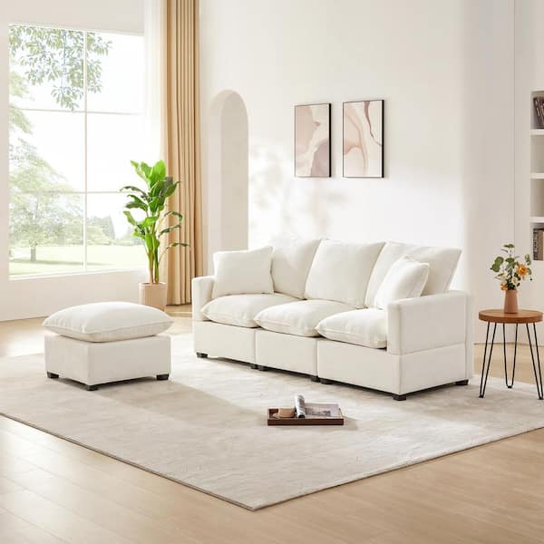 J&E Home 84 in. Square Arm Chenille Fabric Modular Freely Combinable Sofa With Ottoman in White
