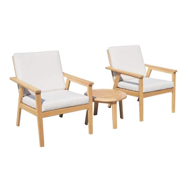 Lautan Anglesea Natural 3-Piece Wooden Patio Conversation Set with Linen Beige Cushions