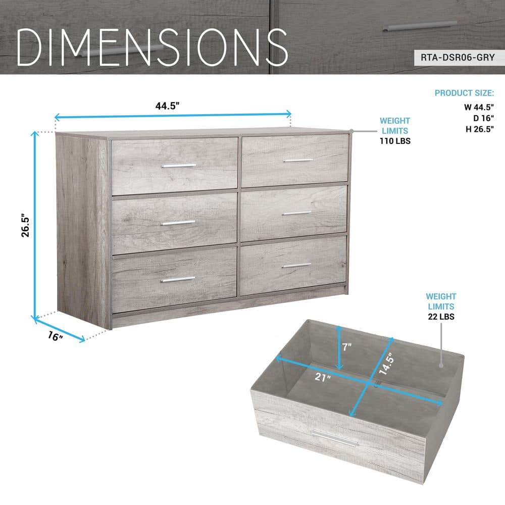 Grey 6-Drawer 44.5 in. Wide Dresser - thumbnail 7