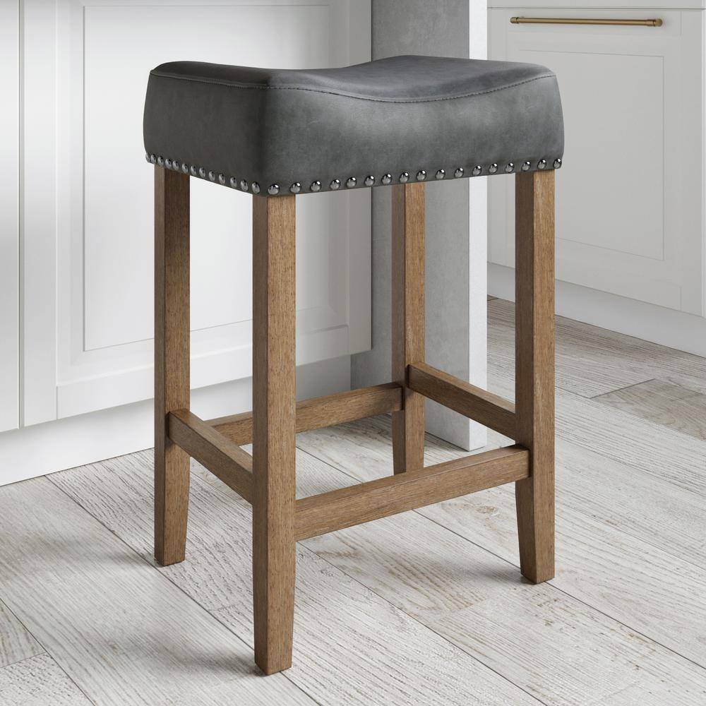 Nathan James Hylie Nailhead Wood Pub-Height Counter Bar Stool 24  Dark Gray PU Leather Cushion Light Brown Finish