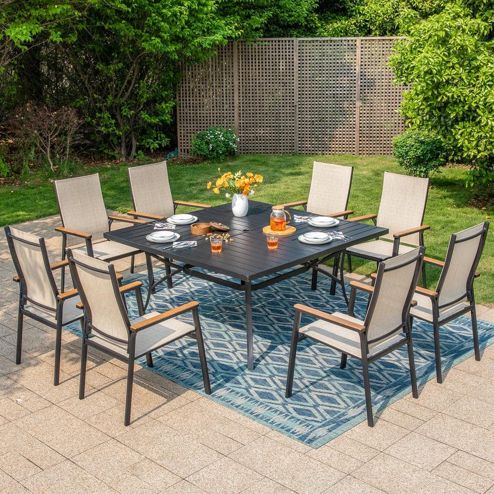 PHI VILLA Black 9-Piece Metal Outdoor Patio Dining Set with