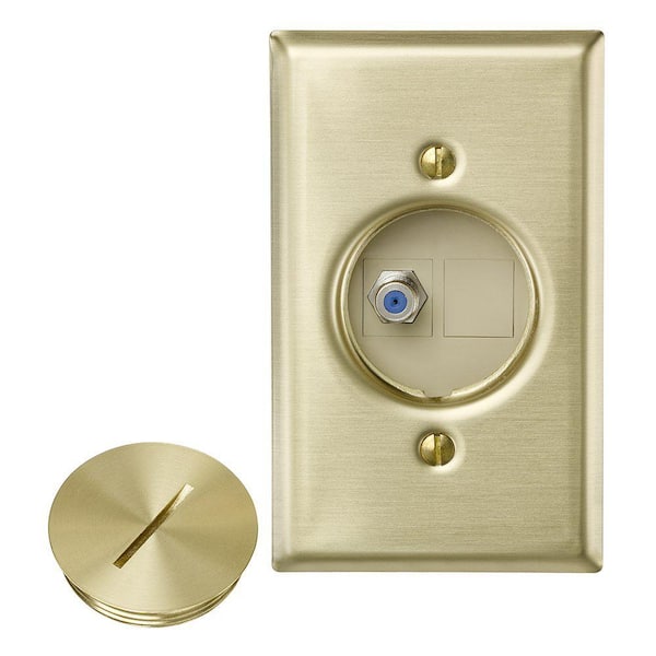 Leviton QuickPort F Connector Floor Jack Assembly with 1-Jack 1-Blank Insert Wallplate and Screw Cap, Brass 41650-F