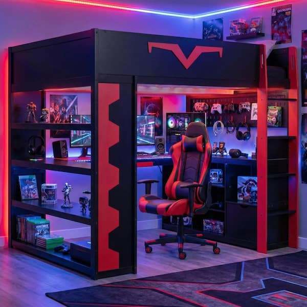 Red Full Size Wood Gaming Loft Bed with Desk, Keyboard Tray, RGB LED Lights, Power Outlet, Bookshelf, Drawer