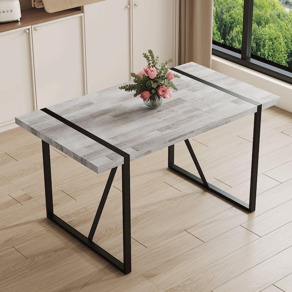 Black, Gray Wood 55 in. Sled Dining Table Seats-4