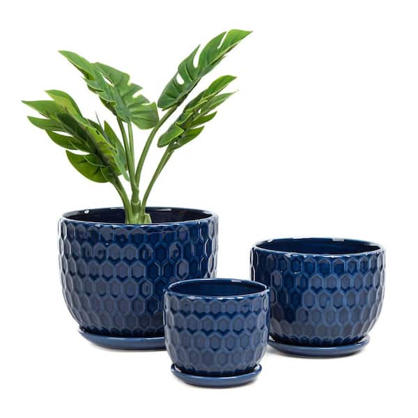 Nordic Ceramic Flower Pots with Saucers, Set of 3 Navy Blue Honeycomb Planters for Succulents Indoor