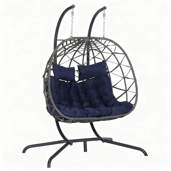 Double Egg Patio Swing with Dark Gray Wicker, Dark Blue Cushions