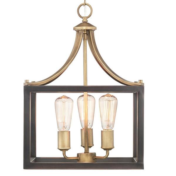 Progress Lighting Boswell Quarter 3-Light Vintage Brass Pendant with Painted Black Distressed Wood Accents