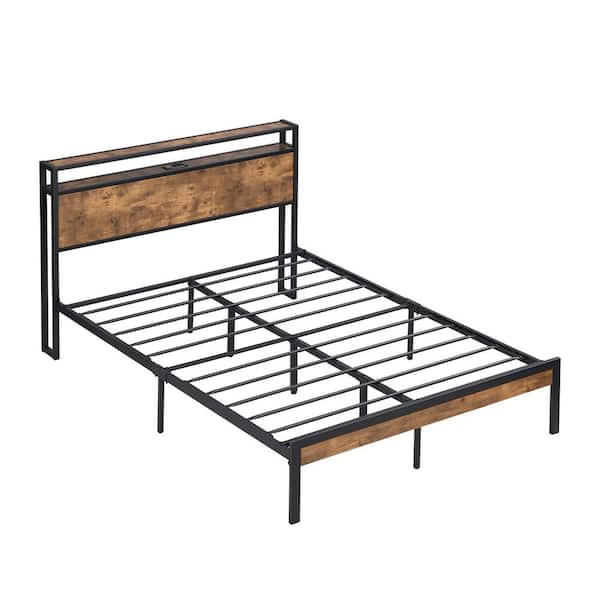 Black Metal Frame Full Size Platform Bed with Wood Headboard and Footboard with USB LINER